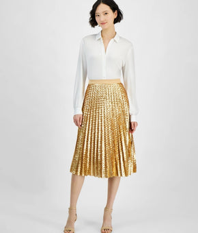 T Tahari Women's Sequined Pleated Midi Skirt Gold Size 6 MSRP $148