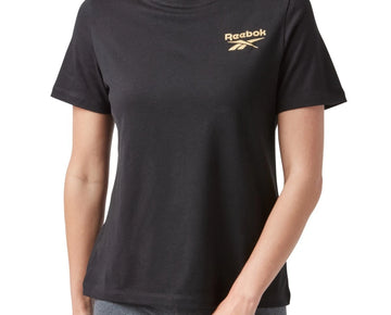 Reebok Women's Cotton Shine Gold Logo T-Shirt Size XS Black