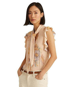 Ralph Lauren Floral Tie Neck Top Natural Orange Size L MSRP $80