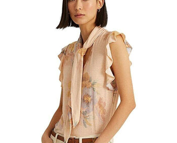 Ralph Lauren Floral Tie Neck Top Natural Orange Size XL MSRP $80