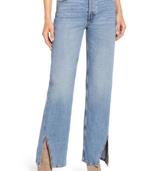 Free People We the Free High Waist Slit Hem Jeans Blue Size 27 MSRP $98