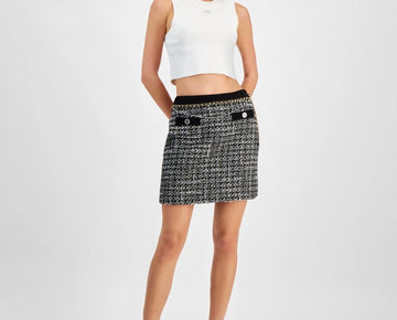 GUESS Women's Yvonne Belted Denim & Tweed Skirt Black Size L MSRP $118