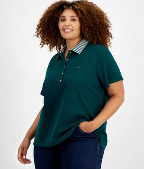 Tommy Hilfiger Plus Size 3X Striped-Collar Polo Shirt Green MSRP $70