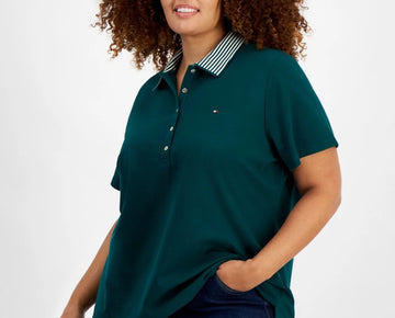 Tommy Hilfiger Plus Size 3X Striped-Collar Polo Shirt Green MSRP $70