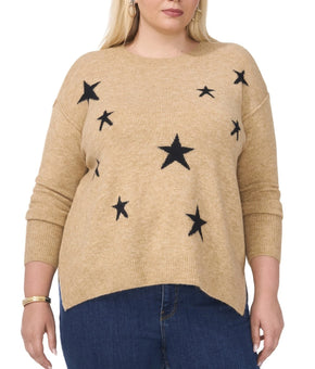 Vince Camuto Plus Size 3X Cozy Star-Print Dropped-Shoulder Sweater Brown $79