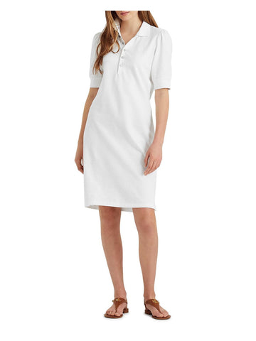 LAUREN RALPH LAUREN Womens White Elbow Sleeve Point Collar Shift Dress Size S