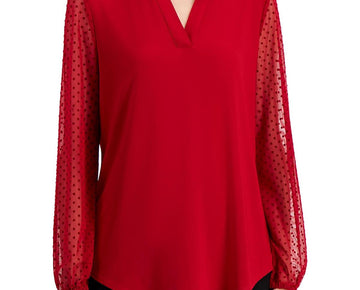 Kasper Womens Petites Flocked Mesh Sleeve Blouse Red Size PM