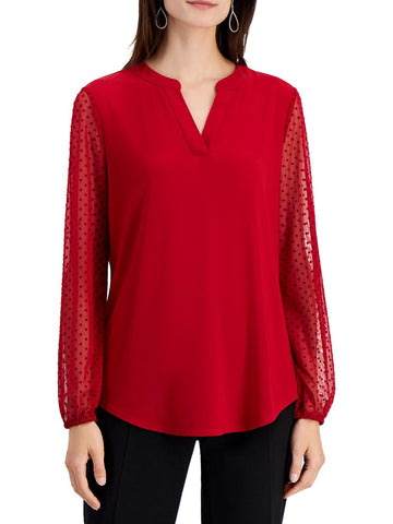 Kasper Womens Petites Flocked Mesh Sleeve Blouse Red Size PM