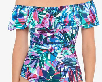 Swim Solutions NEW PRISM MULTI Off-the-Shoulder One-Piece Swimsuit, Size 14 Blue