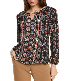 T Tahari NWT Women's Long Sleeve Split Neck Blouse Top Shirt Size L Black