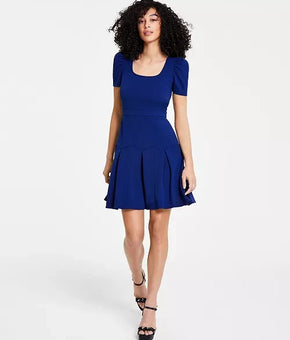 KARL LAGERFELD PARIS Scuba Crepe A-Line Puff-Sleeve Pleat Dress Blue Size 4 $148