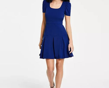KARL LAGERFELD PARIS Scuba Crepe A-Line Puff-Sleeve Pleat Dress Blue Size 4 $148