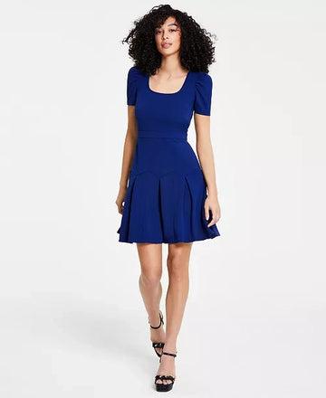 KARL LAGERFELD PARIS Scuba Crepe A-Line Puff-Sleeve Pleat Dress Blue Size 4 $148