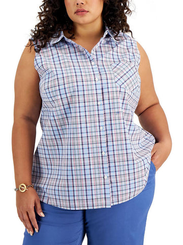 Tommy Hilfiger Women Plus Size 1X Plaid Sleeveless Button-Down Top Blue MSRP $65