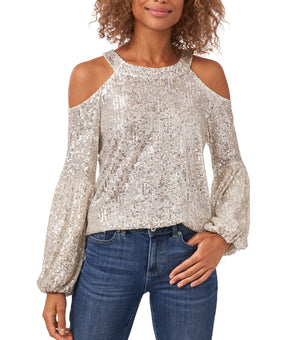 CECE Womens White Cold Shoulder Sequined Keyhole Closure Balloon Blouse Size M