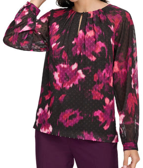 Calvin Klein Womens Printed Chiffon Blouse Black Pink Size XL MSRP $79