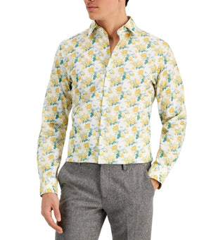 Bar III Dress Shirt Size L 16/16.5 Yellow Green Floral Slim Fit Stretch $65