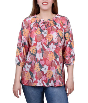NY Collection 3/4 Sleeve Drawstring Neck Blouse Top Petite Size PM Pink Red