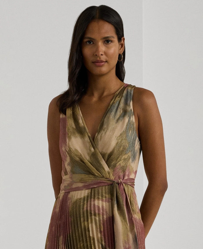 ralph lauren pleated metallic floral dress Lauren Ralph Lauren Sleeveless Floral Metallic Dress clay tan Brown Si