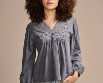 Lucky Brand Women's Embroidered Cutout Cotton Top Blue Size S MSRP $90