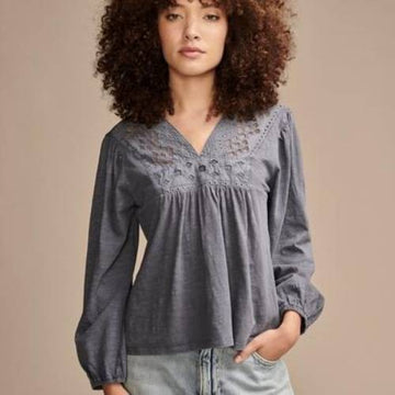 Lucky Brand Women's Embroidered Cutout Cotton Top Blue Size S MSRP $90