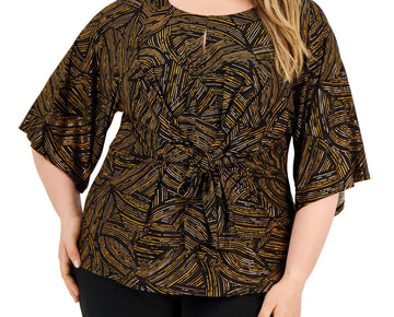 Kasper Plus Size 1X Abstract-Print Tie-Front Top Brown Black MSRP $79