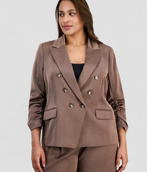 Tahari ASL Plus Size 22W Faux-Double-Breasted Satin Blazer Satin Faux Brown $179