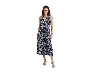 Lauren Ralph Lauren Womens Blue Floral Crepe Halter Dress Size 12 MSRP $155