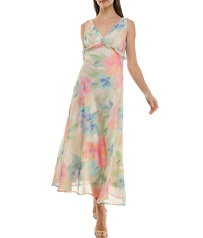 Taylor Women's Watercolor-Print Chiffon Ruffled V-neck Dress Ivory Size 12 $128