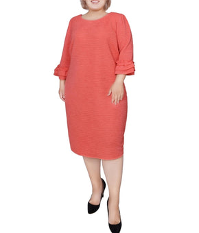 NY Collection 3/4 Sleeve Textured Knit Dress Coral Red Plus Size 1X MSRP $60