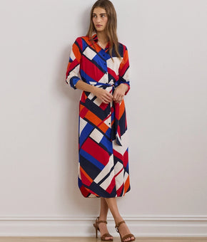 Lauren Ralph Lauren Petite Belted Printed Shirtdress Red Blue Size 4P MSRP $165