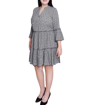 NY Collection Plus Size 3X 3/4 Sleeve Tiered Dress Black Gray MSRP $60