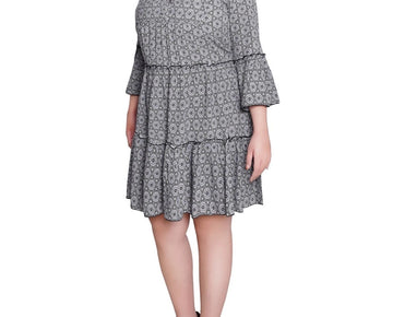 NY Collection Plus Size 3X 3/4 Sleeve Tiered Dress Black Gray MSRP $60