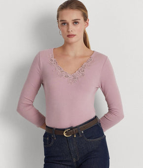LAUREN RALPH LAUREN Womens Purple Lace 3/4 Sleeve V Neck Top Size M MSRP $99