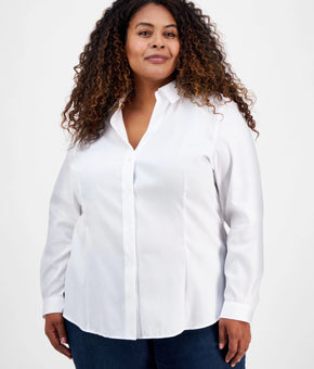 Jones New York Plus Size 1X Cotton Button-Front Shirt White MSRP $90
