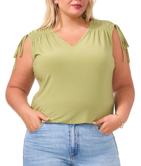 Vince Camuto Plus Size 3X Solid Color V-Neck Shirred Shoulder Top Green MSRP $79