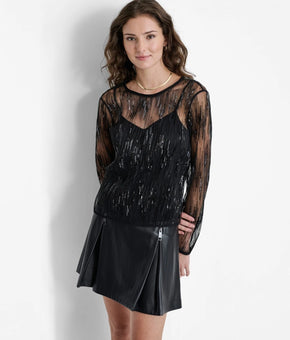 DKNY Women's Crewneck Sequin-Tulle Long-Sleeve Top Black Size M MSRP $99