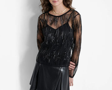 DKNY Women's Crewneck Sequin-Tulle Long-Sleeve Top Black Size M MSRP $99