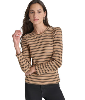 DKNY Jeans Petite Striped Round-Neck Puff-Shoulder Top Size PS Brown