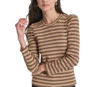 DKNY Jeans Petite Striped Round-Neck Puff-Shoulder Top Size PS Brown