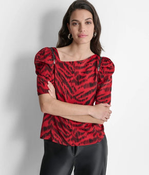 DKNY Blouse Womens Size S Red Tiger Print Square Neck Puff Sleeve Zip NWT $89