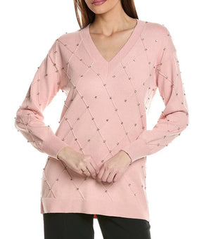 Anne Klein Women's Rhinestone V-Neck Sweater Pink Size XXL MSRP $119