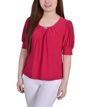 NY Collection Women's Short Balloon Sleeve Top with Hardware Granita Pink Size M