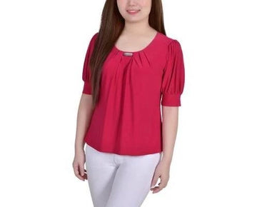 NY Collection Women's Short Balloon Sleeve Top with Hardware Granita Pink Size M