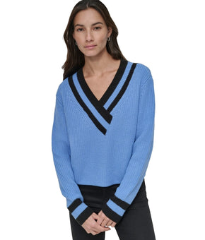 DKNY Jeans Women's Varsity V-Neck Relaxed Sweater Blue Size M MSRP $79