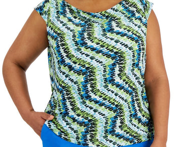 Kasper Plus Size 2X Printed Cowlneck Raglan Cap-Sleeve Top Green MSRP $59