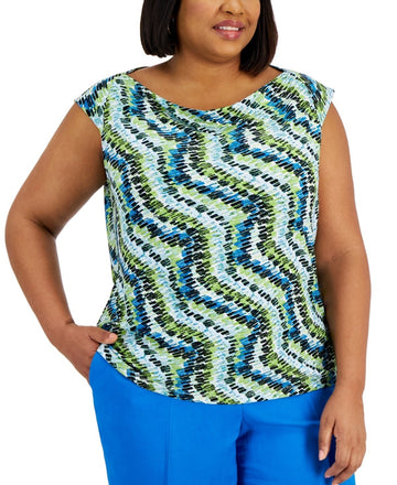Kasper Plus Size 2X Printed Cowlneck Raglan Cap-Sleeve Top Green MSRP $59