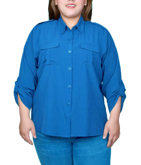 NY Collection Womens Plus Size 3x Blue 3/4 Sleeve Roll Tab Blouse