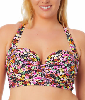 California Waves Plus Size 2 (20/22) Ditsy-Print Underwire Bikini Black Pink