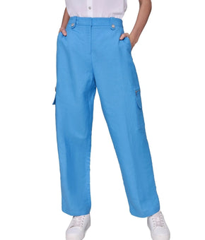 KARL LAGERFELD PARIS Linen-Blend Straight-Leg Cargo Pants Blue Size 6 MSRP $119